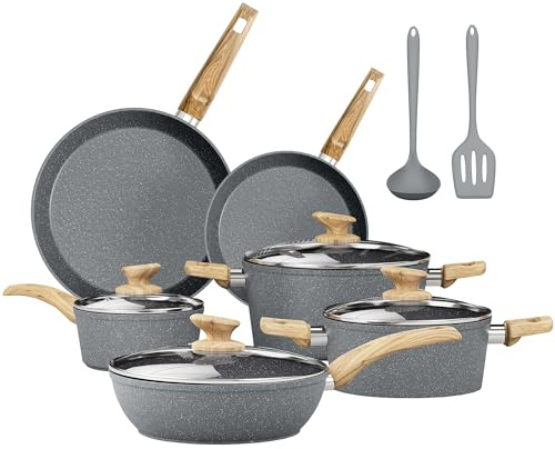 DishDelight Topfset Pfannenset Induktion Töpfe Set 12-teilige Granit-Antihaftbeschichtung Kochtopf Topf Pfannen für Induktionsherd Bratpfanne mit Glasdeckeln