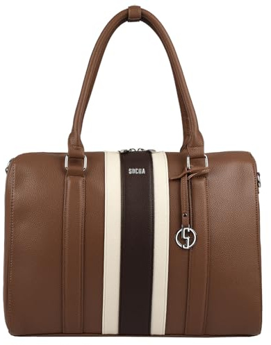 Socha Laptoptasche & Businesstasche/Aktentasche für Damen, Choco Stripe 17,3 Zoll, aus brauner Feinsynthetik, herausnehmbares Laptopfach, Vollausstattung, extra viel Platz
