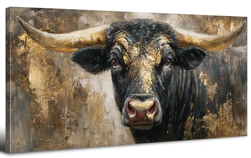 Abstrak Texas Longhorn Leinwandbild Schwarz Goldene Ochse Porträt Poster Wandbild für Schlafzimmer Natur Tier Landschaft Wand Deko Rustikale Bauernhaus Cow Wandbilder für Büro und Wohnzimmer 50x100 cm