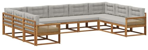 vidaXL Outdoor-Sofagarnitur mit Kissen 9 pcs Natürlich und Hellgrau, Zeitgemäße Gartenmöbel, modernes Sofa-Set, gemütliche Lounge für den Pool, Sitzgruppe für den Garten