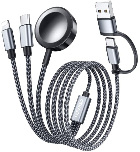 RAVIAD 3 in 2 Ladekabel für Apple Watch und iPhone Ladegerät USB C Kabel | Multi Ladekabel Kompatibel mit iWatch Ultra/SE/11/10/9/8/7/6/5/4/3/2, iPhone 17-11/iPad/AirPods, Galaxy, für Reise, Camping