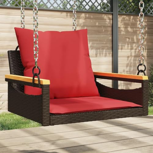 Zentexion Poltrona sospesa con cuscino, marrone, in rattan sintetico e acciaio, 63 x 62 x 40 cm, resistente ai raggi UV, panca da giardino per terrazza, balcone, veranda e pergola, con comodo