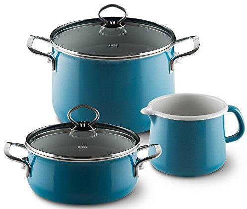 Riess, 0520-010, Starter-Set 3-teilig, NOUVELLE, AQUAMARIN EXTRA STARK, bestehend aus: Fleischtopf mit Glasdeckel 20 cm, Kasserolle mit Glasdeckel 16 cm, Schnabeltopf 12 cm, Emaille