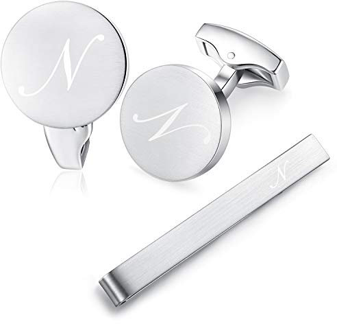 HONEY BEAR Manschettenknöpfe Krawattennadel Set Initialen Buchstabe Herren Edelstahl Hochzeit Cufflinks Manschettenknopf Silber (N Set)