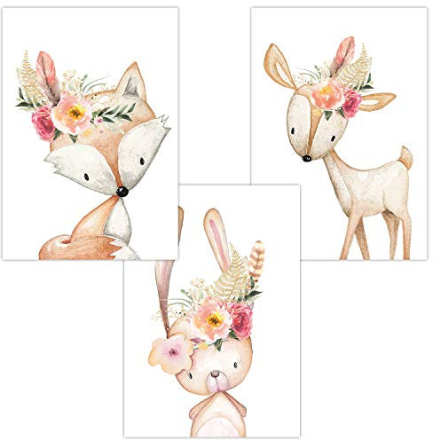 Olgs Babyzimmer Poster Boho 3er Set, Kinderzimmer Deko Bilder DIN A4, Wandbilder Tiere, Waldtiere Blumen Feder Fuchs Hase Reh - Wandposter Mädchen Junge