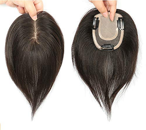 Virgin Remy Echthaar-Kronenaufsatz für Damen, 7,6 x 14 cm, Clip-in-Haarteile aus Seide, für weiblichen Haarausfall, 30,5 cm, Naturschwarz