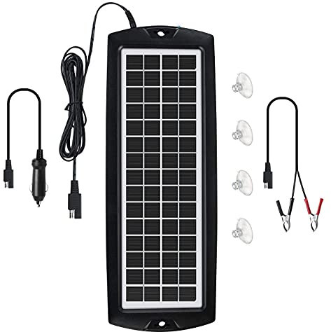 Sunway Solar Chargeur de batterie de voiture et mainteneur 5 W avec panneau solaire 12 V - Kit de chargeur portable étanche pour automobile, camping-car, bateau, camion, moto, remorque, tracteur,