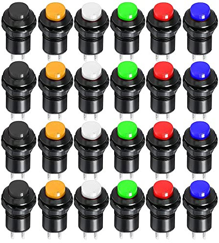 Gebildet 24pcs 12mm Pulsador Momentaneo SPST ON/OFF AC 250V/1.5A 125V/3A, Provisional Mini Botón para Trompeta de Coche, PC, Lámpara de Mesa, Timbre de Casa
