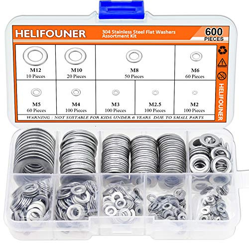 HELIFOUNER 600 Stück 9 Größen 304 Edelstahl Unterlegscheiben Sortiment Kit (M2 M2.5 M3 M4 M5 M6 M8 M10 M12)