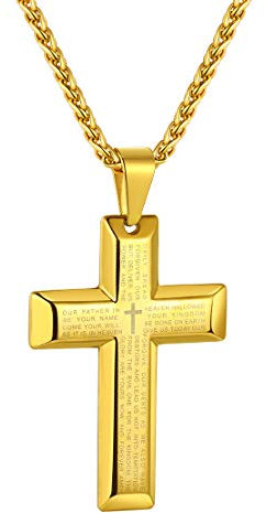 FindChic Lords Prayer Cross Necklace Men 18k Gold Plated Stainless Steel 22inch Cross and Chain, Religious Latin Cross Christian Jewellery Gift for Men, Bible Verse Cross Necklace