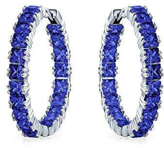 Brautquadrat Simulierter Blauer Saphir Zirkonia Brillant Prinzessin Schnitt AAA CZ Inside Out Statement Creolen Für Frauen Abschlussball Versilbert 1,25 Durchmesser