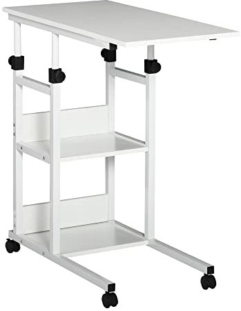 HOMCOM Mesa Auxiliar con Ruedas 80x40 cm Mesa para Sofá en Forma de C con Altura Ajustable 3 Niveles de 72-82 cm Marco de Metal para Salón Cocina Blanco