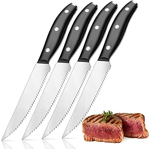 Home Safety Steak Knives, Set of 4, Steak Knife Set Made of Stainless Steel with Ultra Sharp Serrated Edge, Non-Slip Ergonomic Handles, Serrated Knives with Gift Box