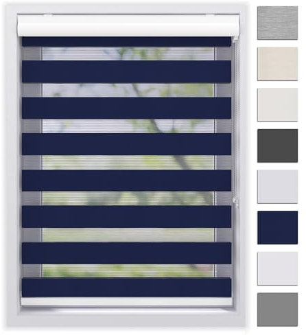 EFIXS Doppelrollo mit Kassette Montage Wand/Decke mit Bohren Breiten: 40-220, Höhe: bis 240 Hier: BxH (90 x 175) cm (Blau) Premium Duorollo, oder ohne Bohren mit Klemmhalter am PVC-Fenster