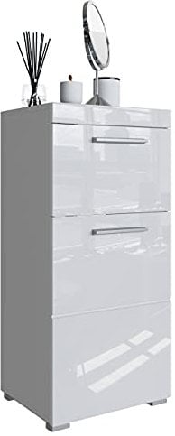 Newroom Kommode Badezimmer Weiß Hochglanz mit viel Stauraum - 37x79x31 cm (BxHxT) - Badezimmerschrank Badkommode Badezimmermöbel - [Trinity.Ten]