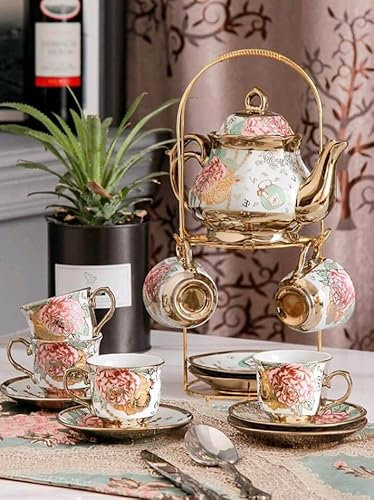 Set da tè completo in ceramica teiera con filtro e coperchio 6 tazze con piatto in ceramica e base in metallo dorato