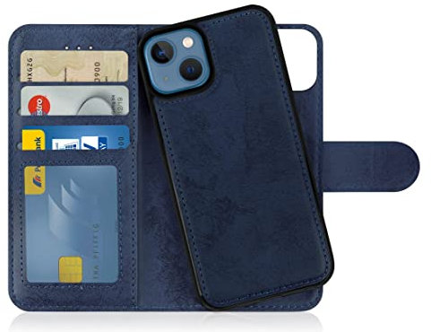 MyGadget Funda para iPhone 13 - Flip Case Libro con Tapa Magnética - Cover Cartera con Soporte - Carcasa Separable Anticaidas con Cierre - Azul