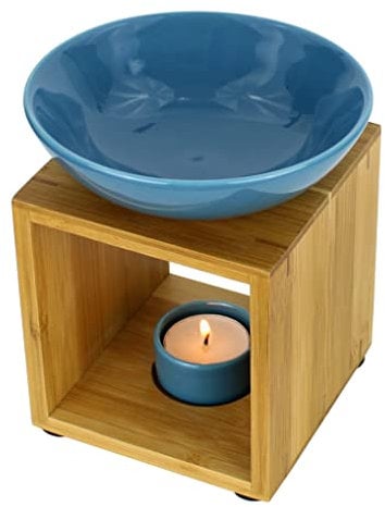 Bitto Duftlampe Malmö Metallblau mit Kerze, große Schale, Fair Trade, Aromalampe aus Bambusholz und Keramik