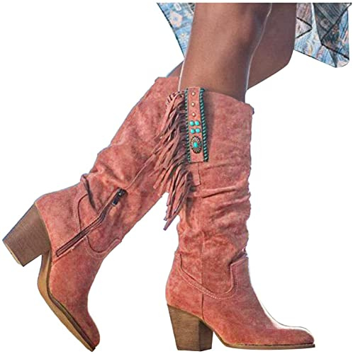LONG-M Damen Stiefel Mit Absatz Fransen Stiefel Kniehohe Stiefeletten Flache Absätze Fransen Warm Cowboy-Stiefel Lange Schuhe Boots
