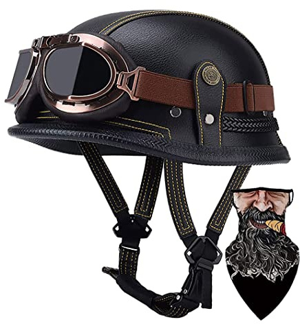 DIRERTYS Deutsche Leder Motorrad Halbhelme Retro Halbschalenhelm JetHelm mit Visier Schnellverschluss Schnalle für Cruiser Chopper Biker Moped DOT/ECE-Zulassung