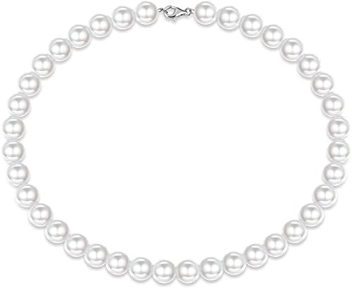 MILACOLATO Perlen Kette 925 Sterling Silber für Männer, Weiße Runde Simulierte Muschelperlen Kette, Choker Halskette für Damen und Mädchen, 6–10 mm