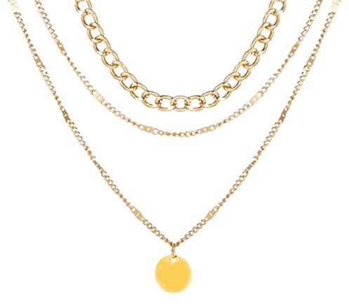 Yienate Boho Multi-Layered Sequin Necklace Choker Gold Cuban Chain Satellite Chain Choker Disc Pendant Necklace Charm Layered Bohemian Necklace Jewelry Gift for Women Girls