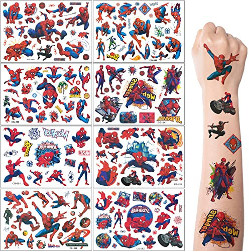 Tattoo Kinder, 8 Blätter Spider Man Temporäre Tattoo Aufkleber Set für Mädchen Jungen Kindertattoos Wasserdicht für Geburtstagsgeschenke Kindergeburtstag Mitgebsel Festival Party Deko