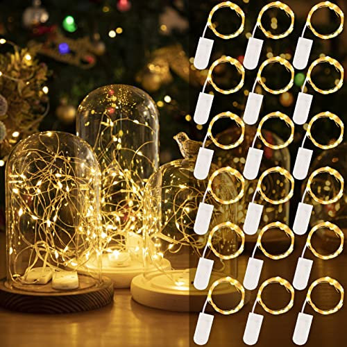 HXWEIYE 18 Stück LED Lichterkette Batterie, 2M 20LEDs Warm weiß Mini Lichterketten Silber Kupferdraht Batteriebetrieb, LED Beleuchtung Batteriebetrieben Deko für Flasche Geburtstag Innen Außen Deko