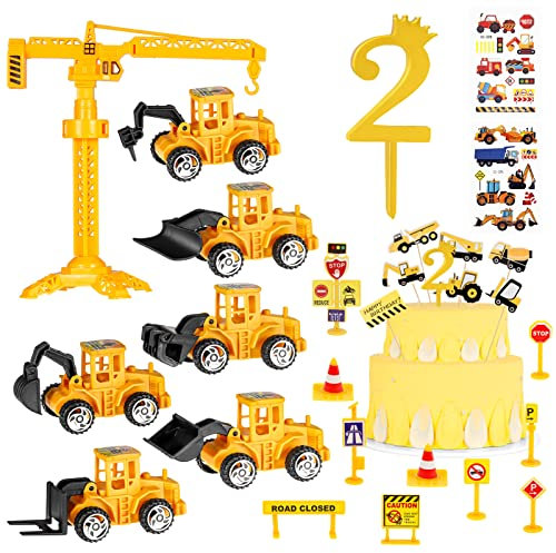 RosewineC Tortendeko 2 Geburtstag Junge,27 Stück Happy Birthday Tortendeko Bagger,Verkehrsschilder Spielzeug,Bagger Tortenfiguren,Spielzeugauto Kuchendeko für Junge Mädchen Geburtstag