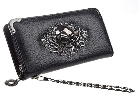 Damen-Geldbörse, Totenkopf, Punk-Kunst, Nieten, Clutch, mit mehreren Kartenfächern, Schwarz , modisch