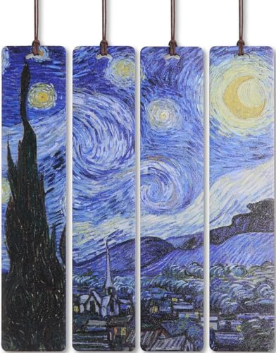 Donxote 4 Stück ästhetisches Lesezeichen, Holz Van Gogh Kunst Lesezeichen Geschenkbox Set, Lesezeichen für Buchliebhaber, ist ein einzigartiges Geschenk für Männer, Frauen, Kinder – die Sternennacht