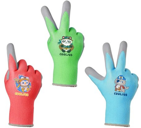 COOLJOB Kinderhandschuhe, 3 Paar Gartenhandschuhe für Kinder, rutschfeste Latexbeschichtung, Kinder-Arbeitshandschuhe 8-11 jahre (Jungen Größe L)