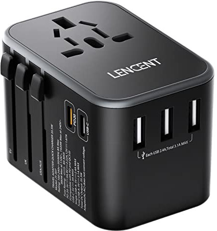 LENCENT Adaptateur de Voyage Universel Chargeur International avec 3 Ports USB et 2 Charge Rapide Type C Chargeur Mural Mondial Tout-en-Un pour iPhone Samsung Tablette Type A/C/G/I USA/UK/EU/AUS
