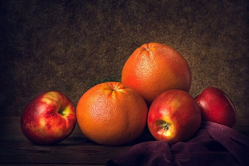 Acryl-Bild 90 x 60 cm: Grapefruits und Äpfel auf dunklem Hintergrund. Stillleben mit reifen Pampelmusen und Äpfeln auf einer Holzoberfläche. (163522717)
