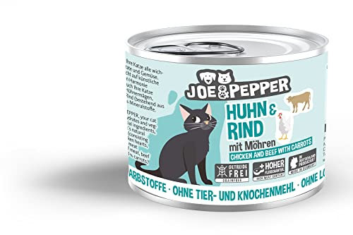Joe&Pepper getreidefreies Katzenfutter | 6X 200g Huhn & Rind m. Möhren | hoher Fleischanteil, Keine künstlichen Zutaten | Nassfutter