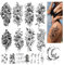 Acevegue Tatouage Ephemere Femme, 16 Feuilles Fleurs Rose Lotus Lune Autocollant Tatouage Adulte, 3D Réaliste Sexy Noir Faux Tatouage à Coller pour Filles Dames