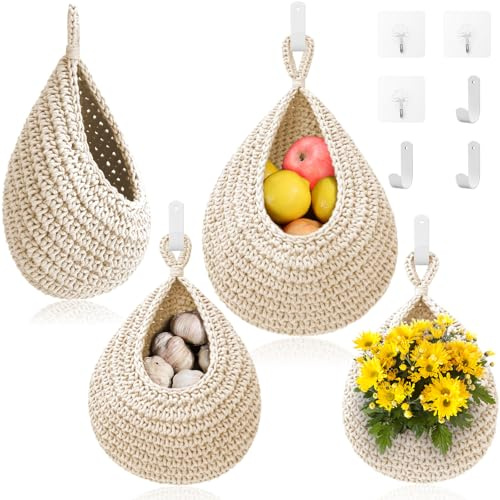 Hängende Obstkörbe für die Küche – 3er-Pack Boho Wandbehang Korb mit 6 Stück starken Haken, handgewebter Hängehalter, Tropfenform, Heimprodukte, Korb für Obst, Kartoffeln, Zwiebelaufbewahrung (weiß)