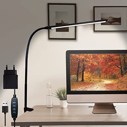 Schreibtischlampe,Led Tischlampe, 29.5 Zoll Schwenkarm Architektenlampe Augenschutz Klemmlampe, 3 Farben & 10 Helligkeitsstufen Dimmbar USB Lampe, 12W Nachttischlampe für Büro Zimmer Deko Schulsachen