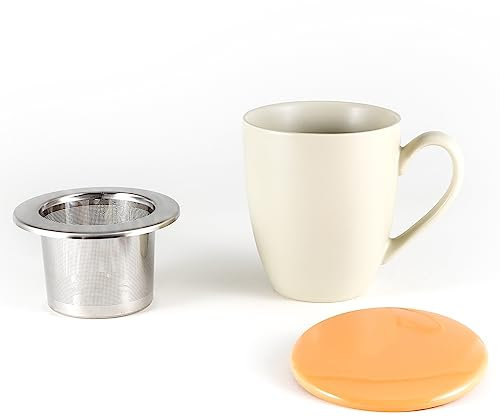 Hanseküche Teetasse mit Deckel und Sieb – XXL Teebecher 600ml – Große Tee Tasse Keramik – Jumbotasse – Tasse mit Deckel, Keramik, Teefilter, Teesieb, Groß (Weiß, 600 ml)