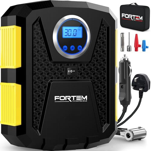 FORTEM Inflador de Ruedas de Coche, Compresor de Aire - Compresor de Aire Portátil para Ruedas de 230V AC 12V DC con Luz LED - Manómetro Digital, Autobombeo, Parada Automática - Bolsa de transporte
