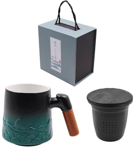 NUZAMAS Taza de té con colador de té y tapa, 450 ml, taza de café con mango de madera, té japonés hecho a mano, esmaltado en horno de cerámica, diseño único para regalos, color negro y verde