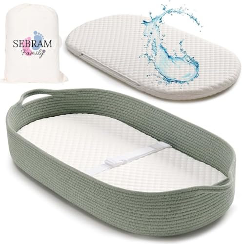 SEBRAM Wickelkorb Baby – Handgefertigte Wickelauflage mit Liebe, Wasserdichte Matratze und Tragetasche | Sicher & Schön fürs Babyzimmer – Farbe: Grün