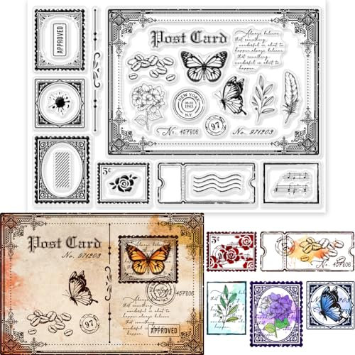 GLOBLELAND Transparente Stempel Im Vintage-Stil Retro-Postkarte 5.83x8.27,(5) cm Dekorative Transparente Stempel Silikonstempel Für Kartenherstellung Und Fotoalbum-Dekoration Und DIY-Scrapbooking