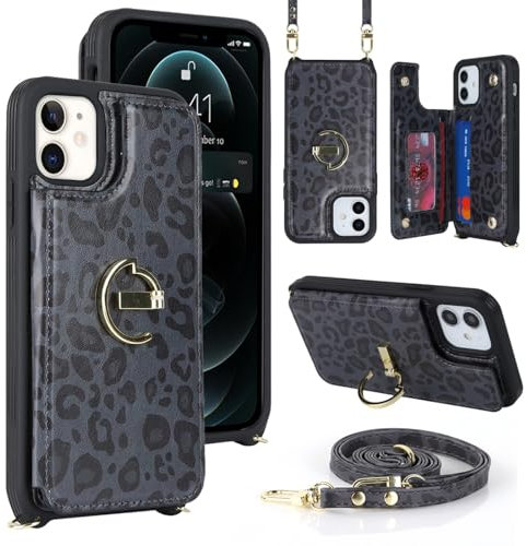 Zouzt for iPhone 12/12 Pro 6.1 Inch Wallet Case with Card Holder and Strap for Women, PU Leather Ring Kickstand Card Slots Case, Crossbody Lanyard Protective Phone Cover (Black Leopard)