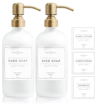 Vine Creations White Glass Soap Dispenser, 2 Pack Kitchen Soap Dispenser Set with Stainless Steel Pump, 16 oz Dish Soap and Hand Soap Dispensers for Bathroom with Waterproof Labels