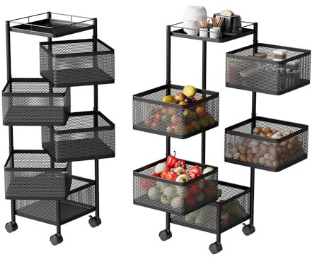 MYOYAY Drehbares Aufbewahrungsregal Obstwagen für Küche mit Rollen, Küchenrollwagen Schwarz Obst- und Gemüseregal mit Rädern für Badezimmer, Kinderzimmer, Büro (1, Quadratisch)