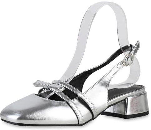 VAN HILL Damen Slingpumps Blockabsatz Lack Klassisch Schuhe 214302 Silber 39