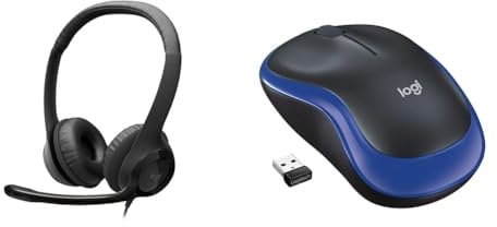 Logitech H390 Wired Headset for PC/Laptop, Stereo Headphones with Noise Cancelling Microphone & M185 Wireless Mouse, 2.4GHz with USB Mini Receiver, 12-Month Battery Life