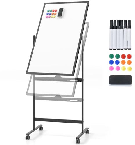 GIANTEX Tableau Blanc Mobile Double Face, 60 x 90 cm, Tableau Magnétique sur Pieds Réglable en 2 Hauteur, Effaçable à Sec, Marqueurs Noirs, Effaceur, Aimants (Noir, 60 x 90 cm)