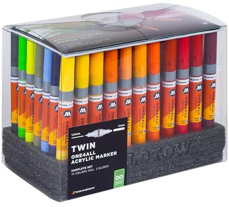 Molotow One4All Acrylic Twin Marker Complete Set (1,5 und 4,0 mm Strichstärke, hochdeckend und permanent, schnell trocknend, nachfüllbar, für fast alle Untergründe) 74 Stück sortiert